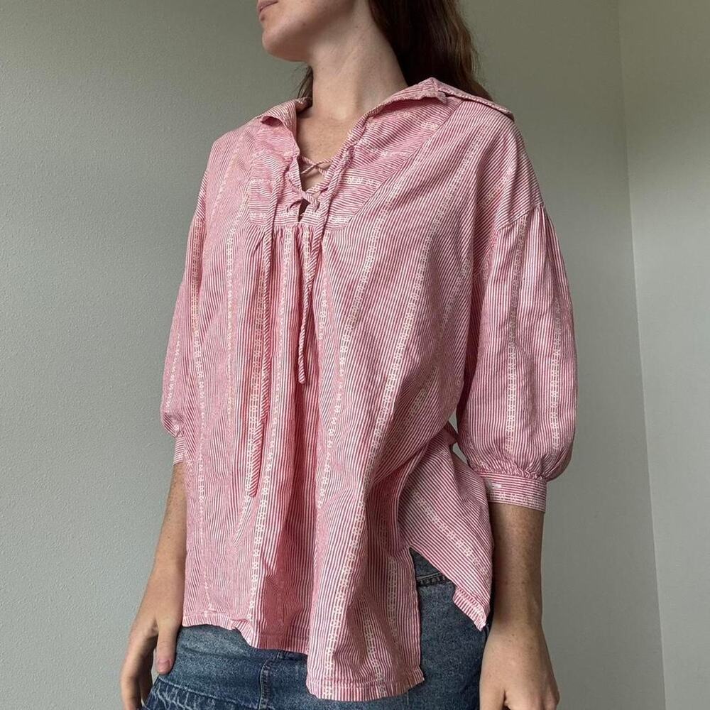 Vintage boho red white striped cotton peasant blouse - Picture 3 of 8